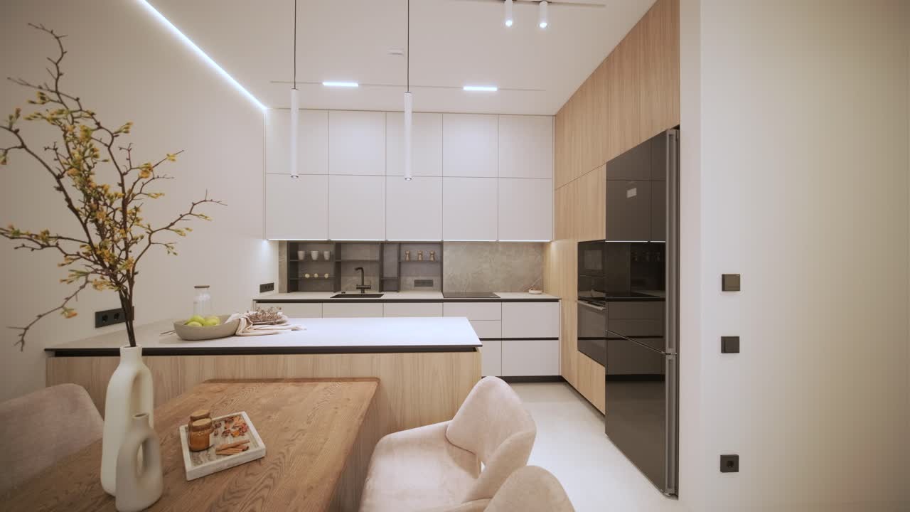 Detalle de luces bajo muebles altos para una cocina funcional y moderna.